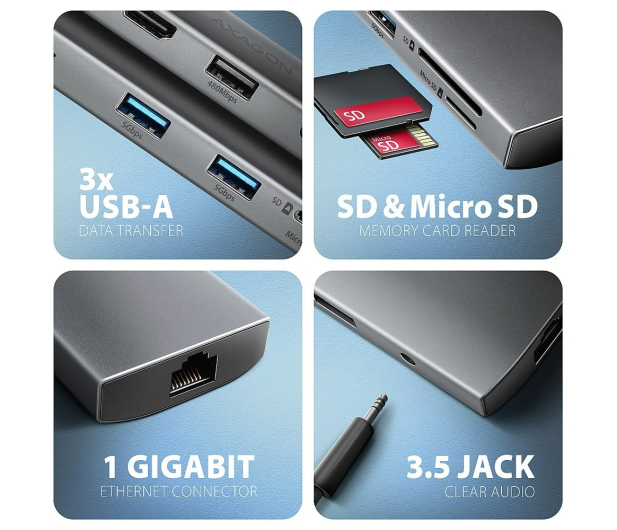 Axagon HMC-8HLSA, USB 5Gbps, 3x USB-A, HDMI 4k/60Hz, RJ-45, SD/mSD - 1353439 - zdjęcie 6
